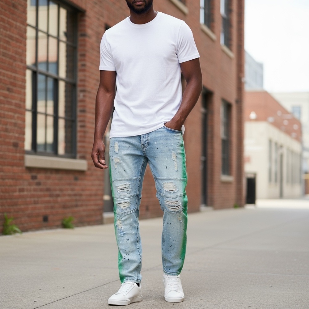 MAKOBI PAINT STROKE SHREDDED DENIM JEANS - DIRT WASH. Size 46/32